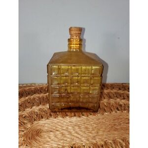 Vintage Amber Glass Decanter Square Waffle Pattern Bottle with Cork Stopper MCM